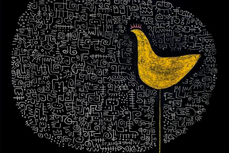 An illustration of a childlike chicken on very long legs in profile against a cloud of African symbols.