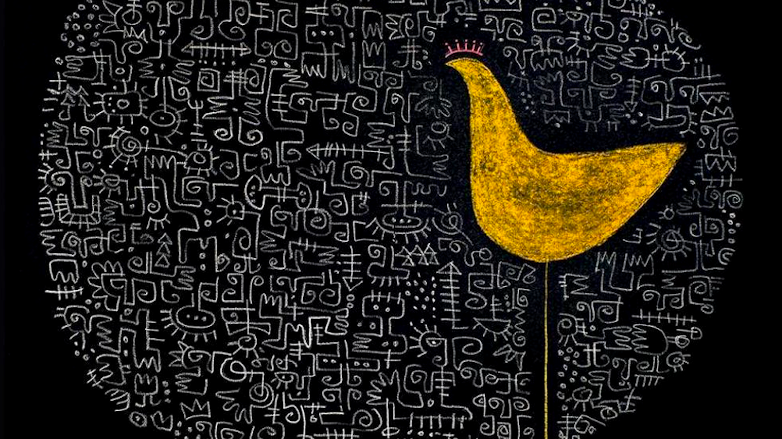 An illustration of a childlike chicken on very long legs in profile against a cloud of African symbols.