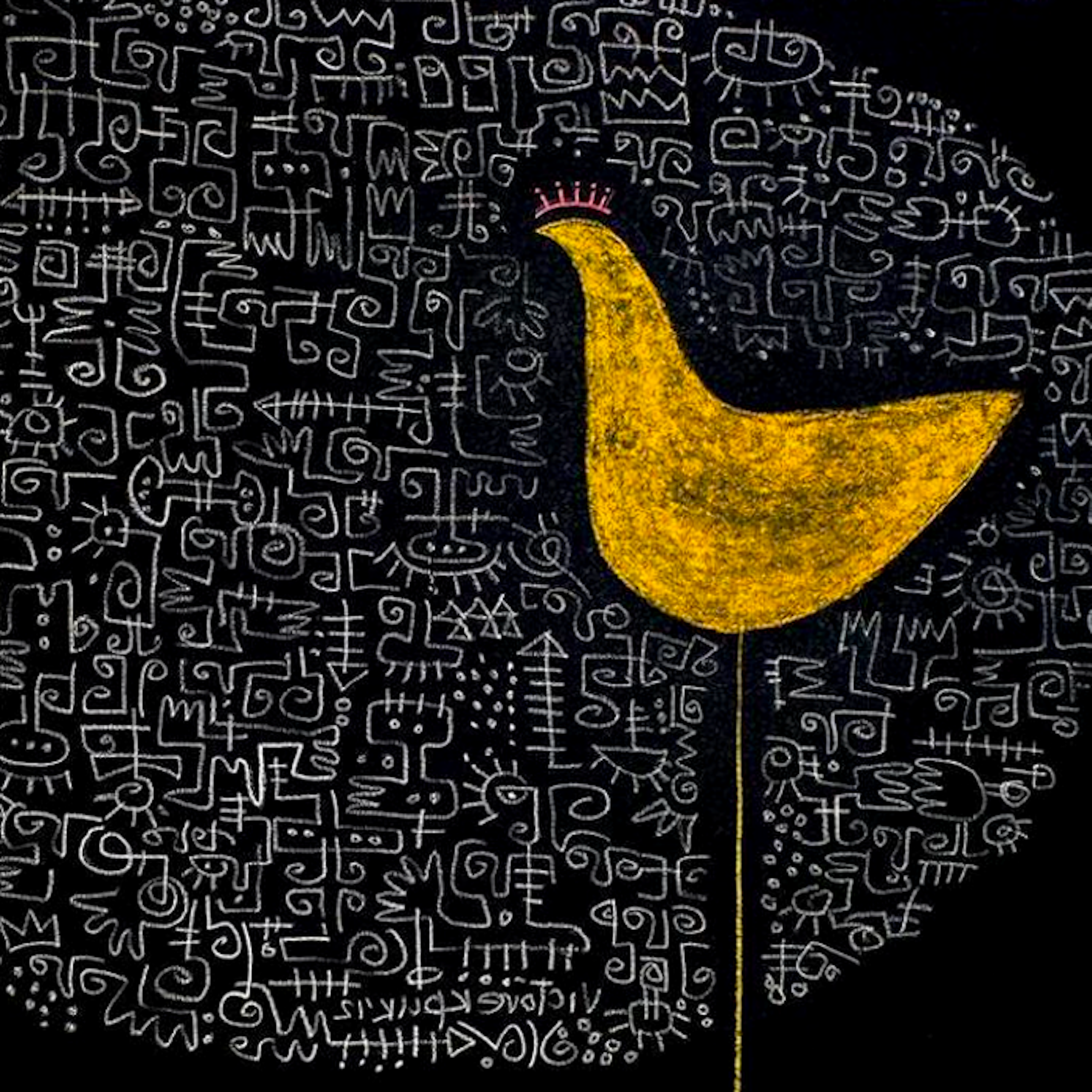 An illustration of a childlike chicken on very long legs in profile against a cloud of African symbols.