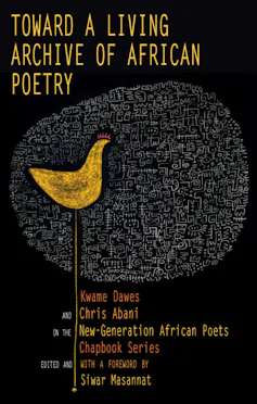 Book cover in black with illustration of a yellow chicken on very long legs in profile against a cloud of African symbols.