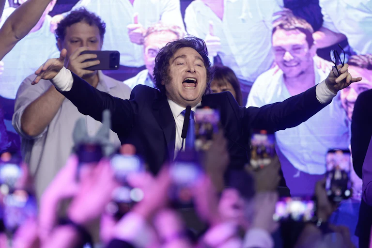 Javier Milei celebrates after learning the results of the midterm elections.