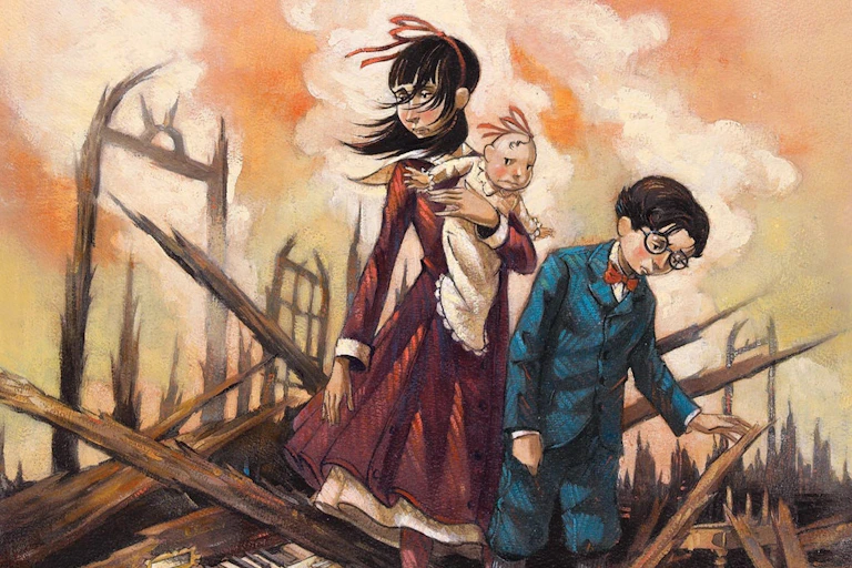 The three Baudelaire children in the wreckage of their House.