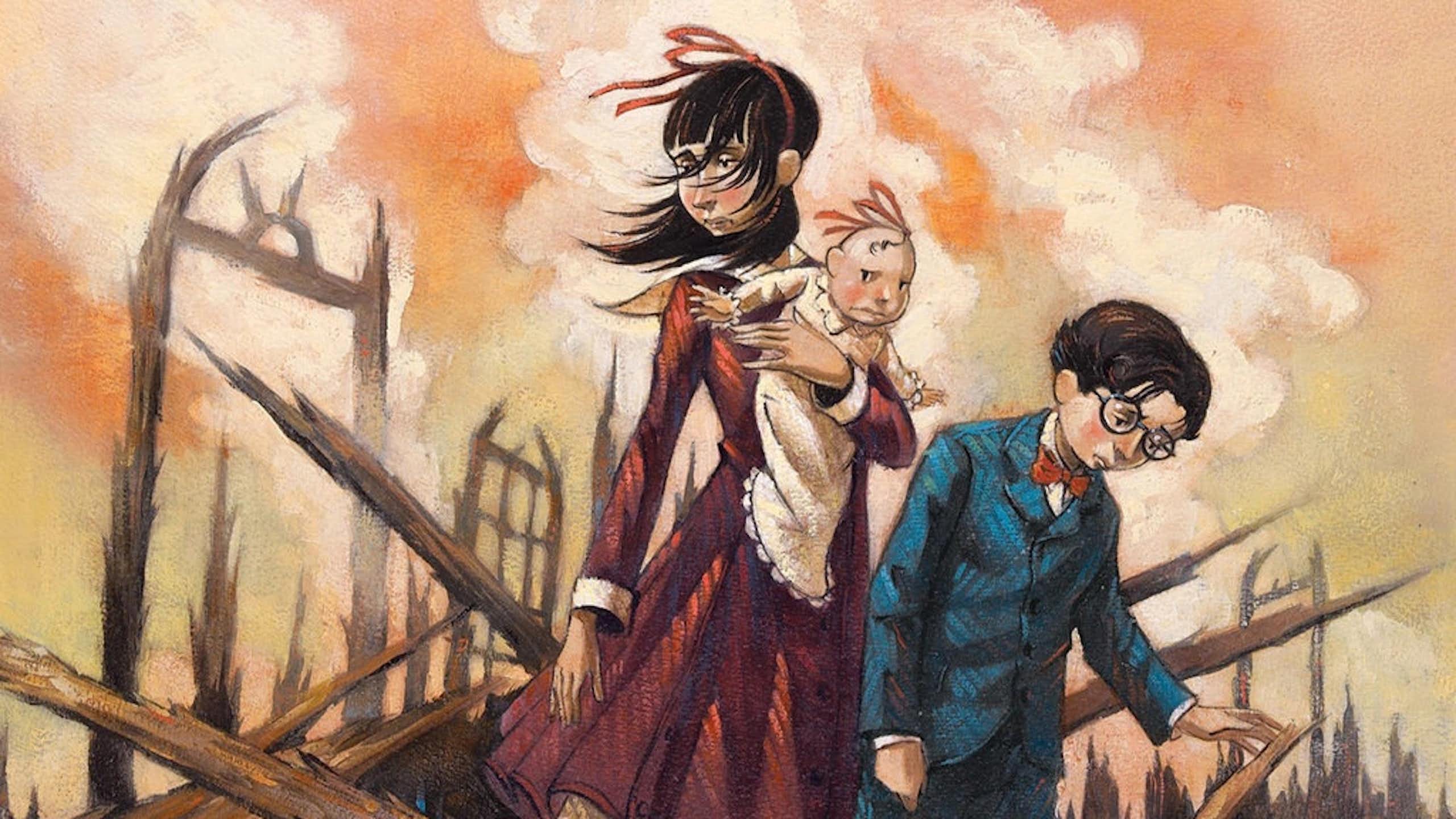 The three Baudelaire children in the wreckage of their House.