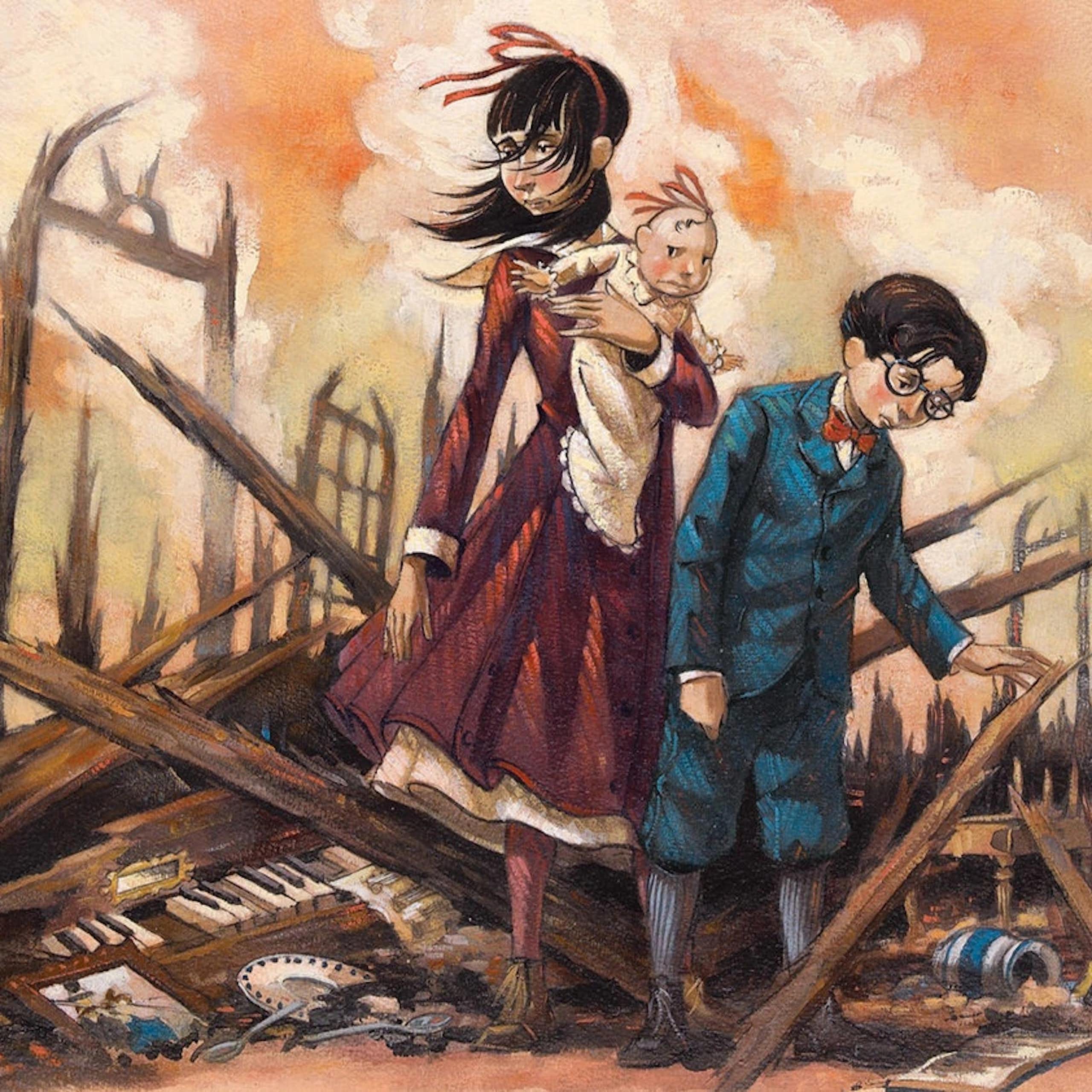The three Baudelaire children in the wreckage of their House.