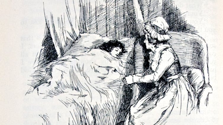 Drawing of a young woman lying in bed while an older woman stares at her.