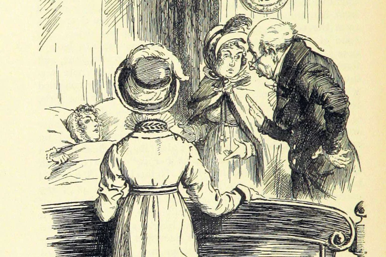 Illustration of a woman in bed while other people talk around her.