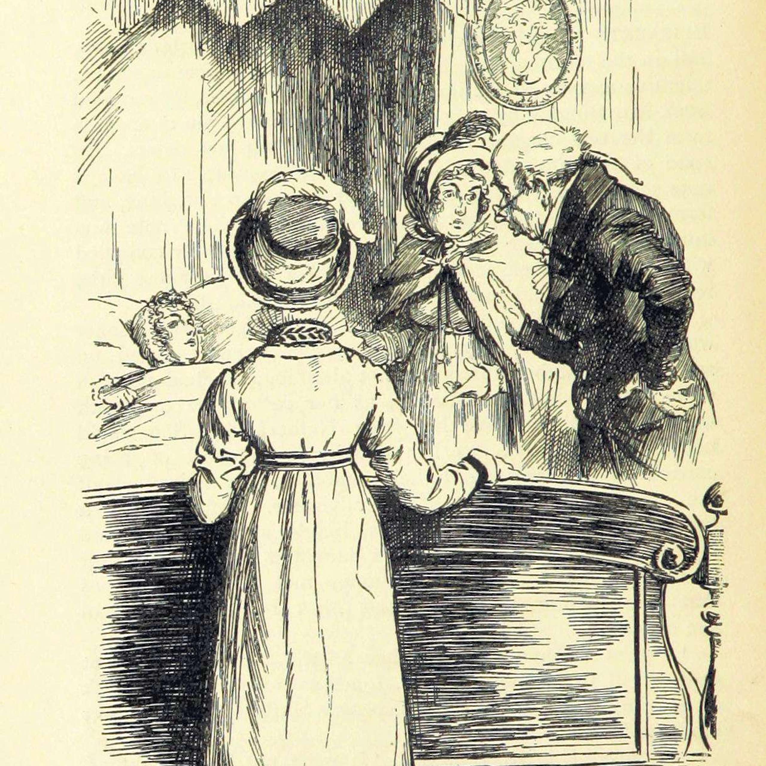 Illustration of a woman in bed while other people talk around her.