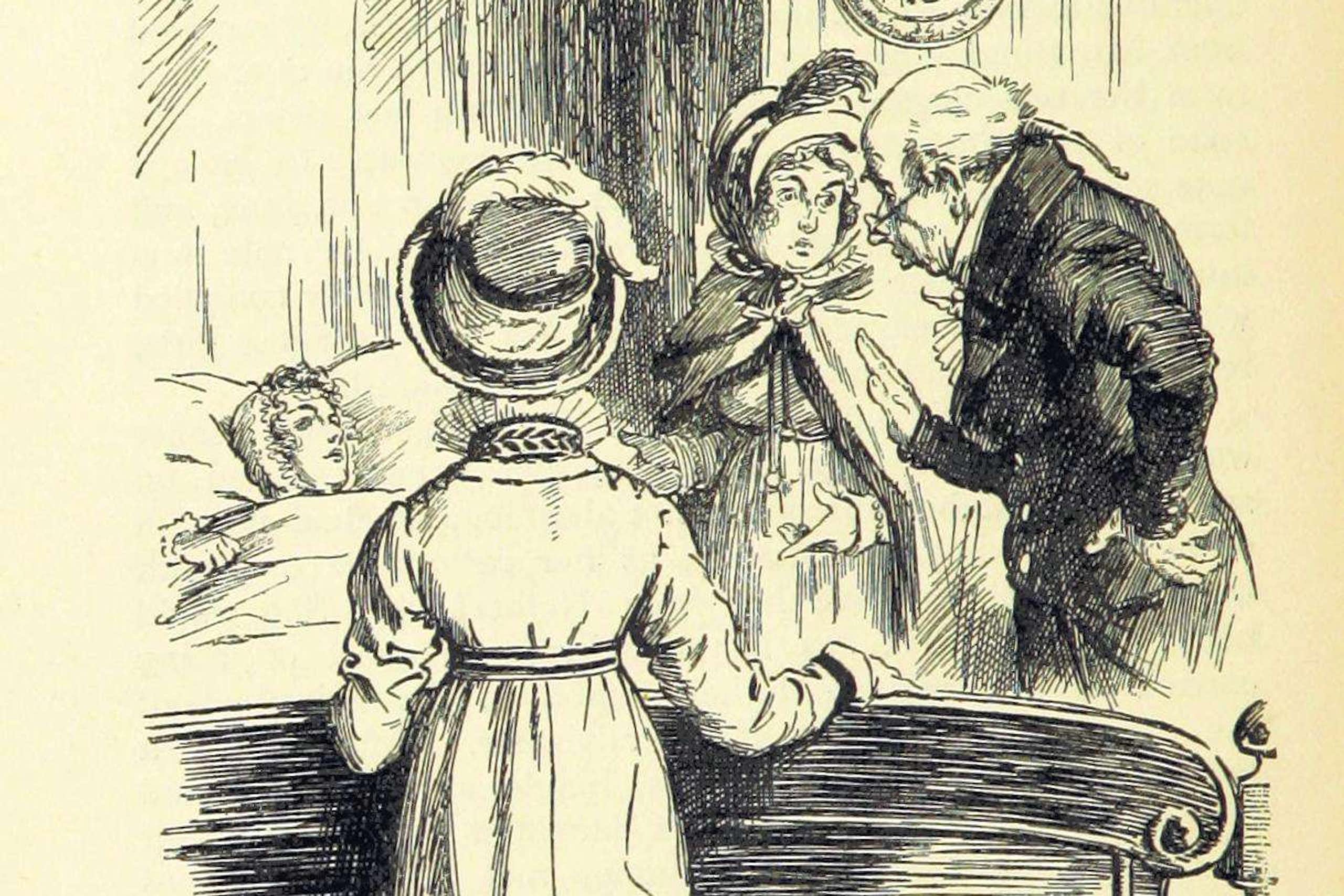 Illustration of a woman in bed while other people talk around her.