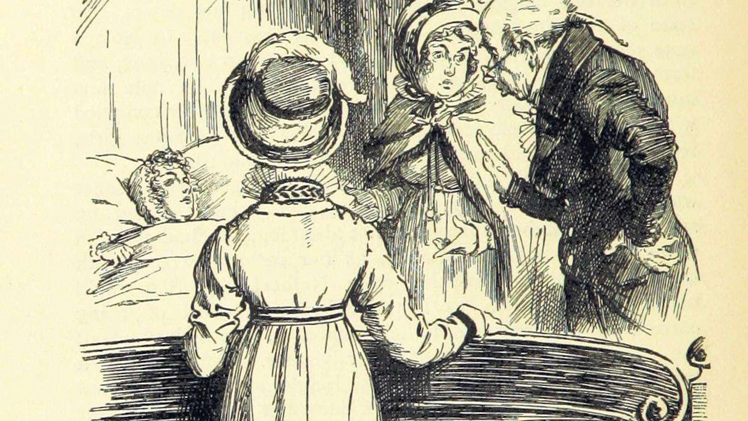 Illustration of a woman in bed while other people talk around her.