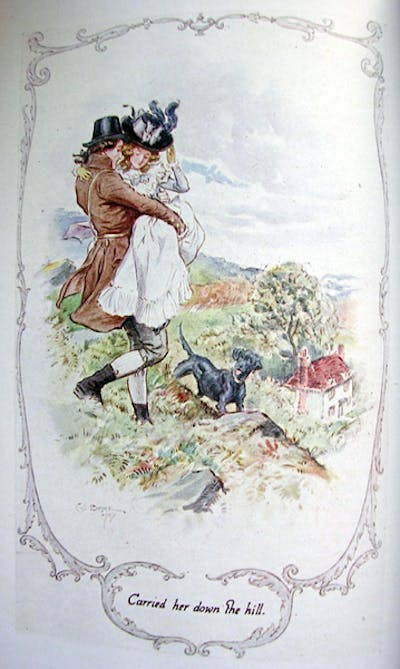 A man carries a woman down a hill.