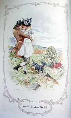 A man carries a woman down a hill.