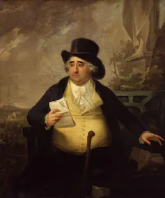 An oil painting depicting Charles Fox in a suit and top hat holding a piece of paper.