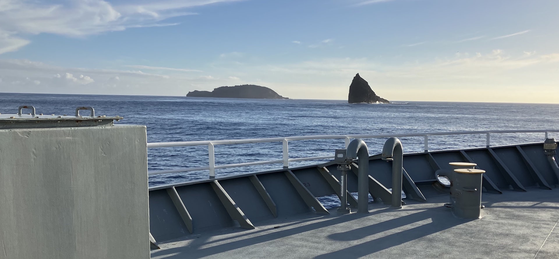 The view from a research vessel of the emergent remains of the January 2022 volcanic eruption near Tonga.