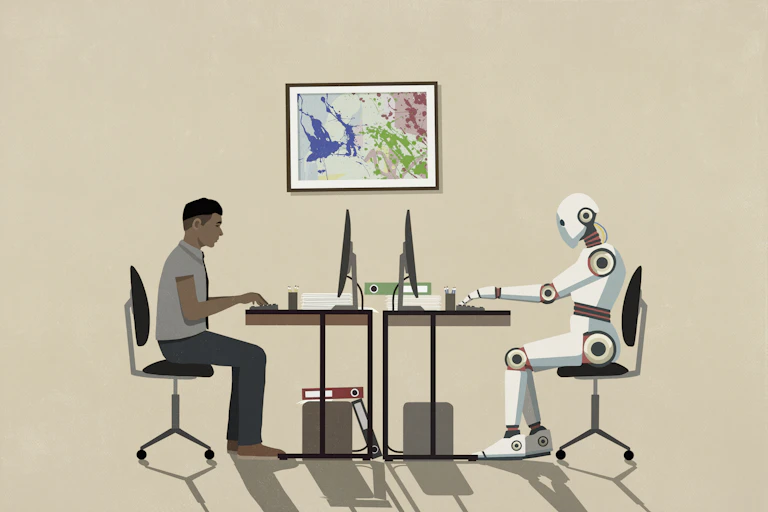 Ilustração de um homem e um robô humanoide, sentados frente a frente à mesa e trabalhando em laptops.