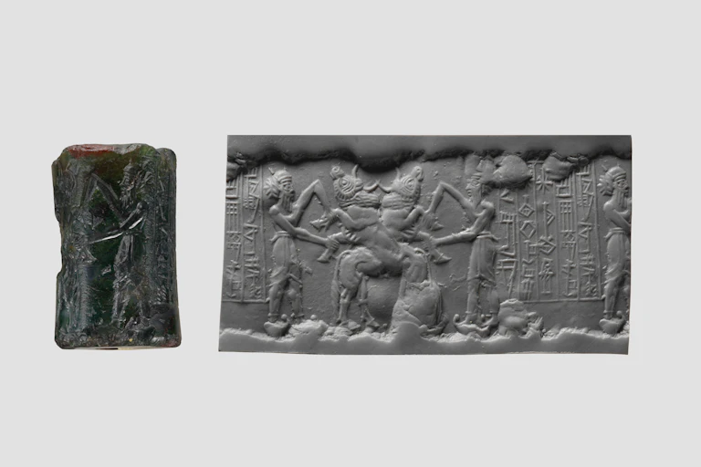 Cylinder seal of figures fighting with creatures, with a scan of the figures inscribed on its surface on the right