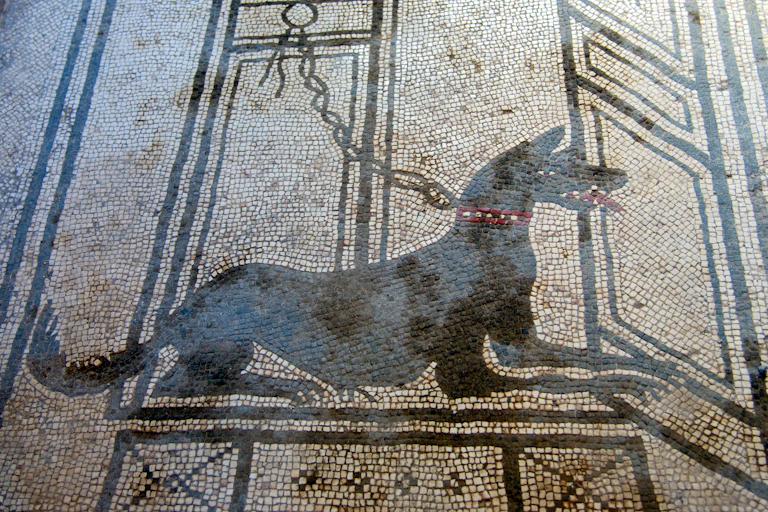 Representación de un perro en un mosaico.