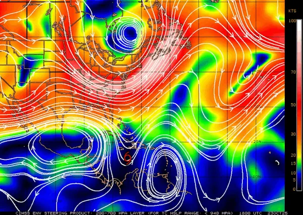 An animation shows the direction of steering winds over four days