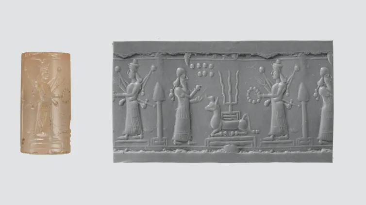 Cylinder seal with a scan of the figures inscribed on its surface on the right