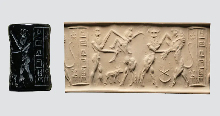 Cylinder seal with a scan of the figures inscribed on its surface on the right