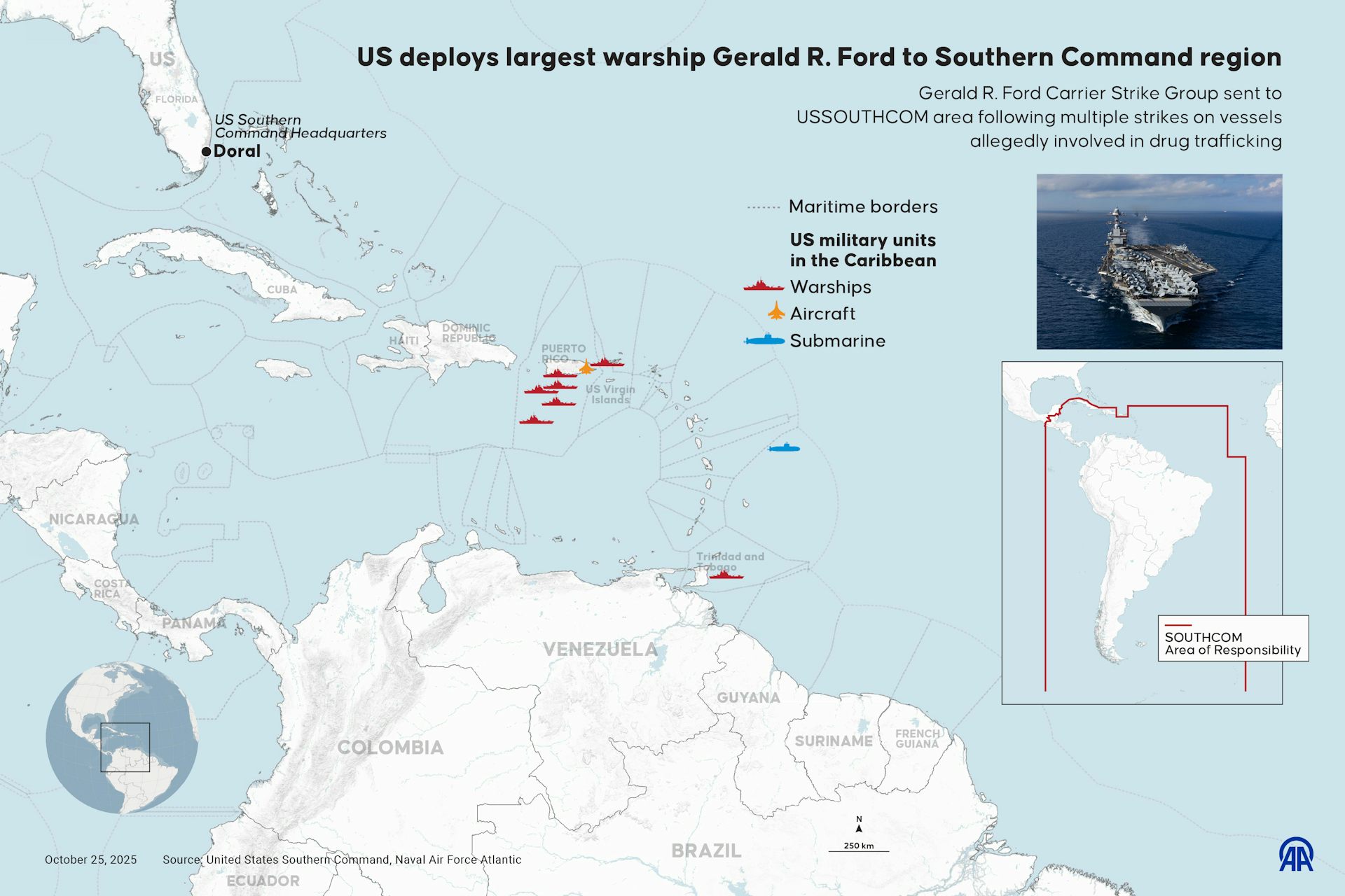 A map showing the deployment of US Navy ships in the Caribbean, north of Venezuela.