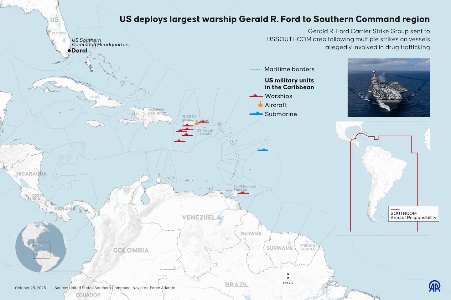 A map showing the deployment of US Navy ships in the Caribbean, north of Venezuela.
