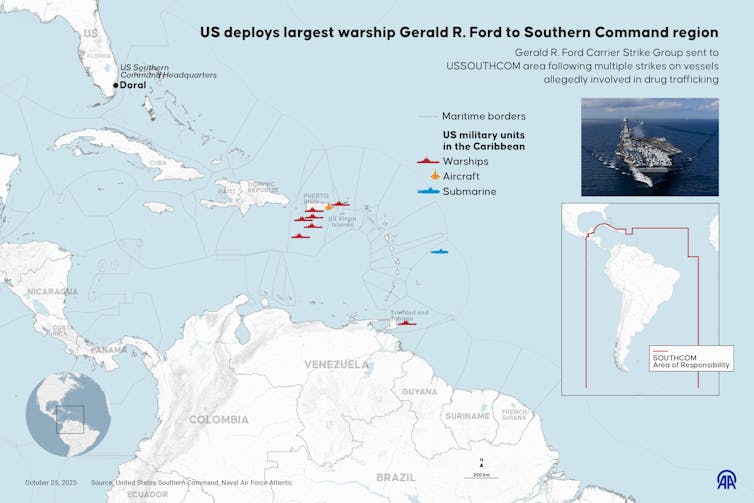 A map showing the deployment of US Navy ships in the Caribbean, north of Venezuela.