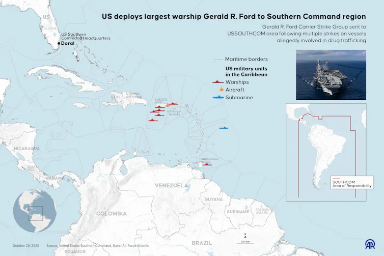 A map showing the deployment of US Navy ships in the Caribbean, north of Venezuela.