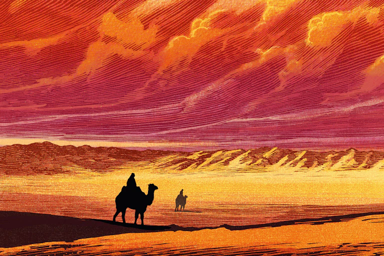 Illustration of a camel moving across a desert