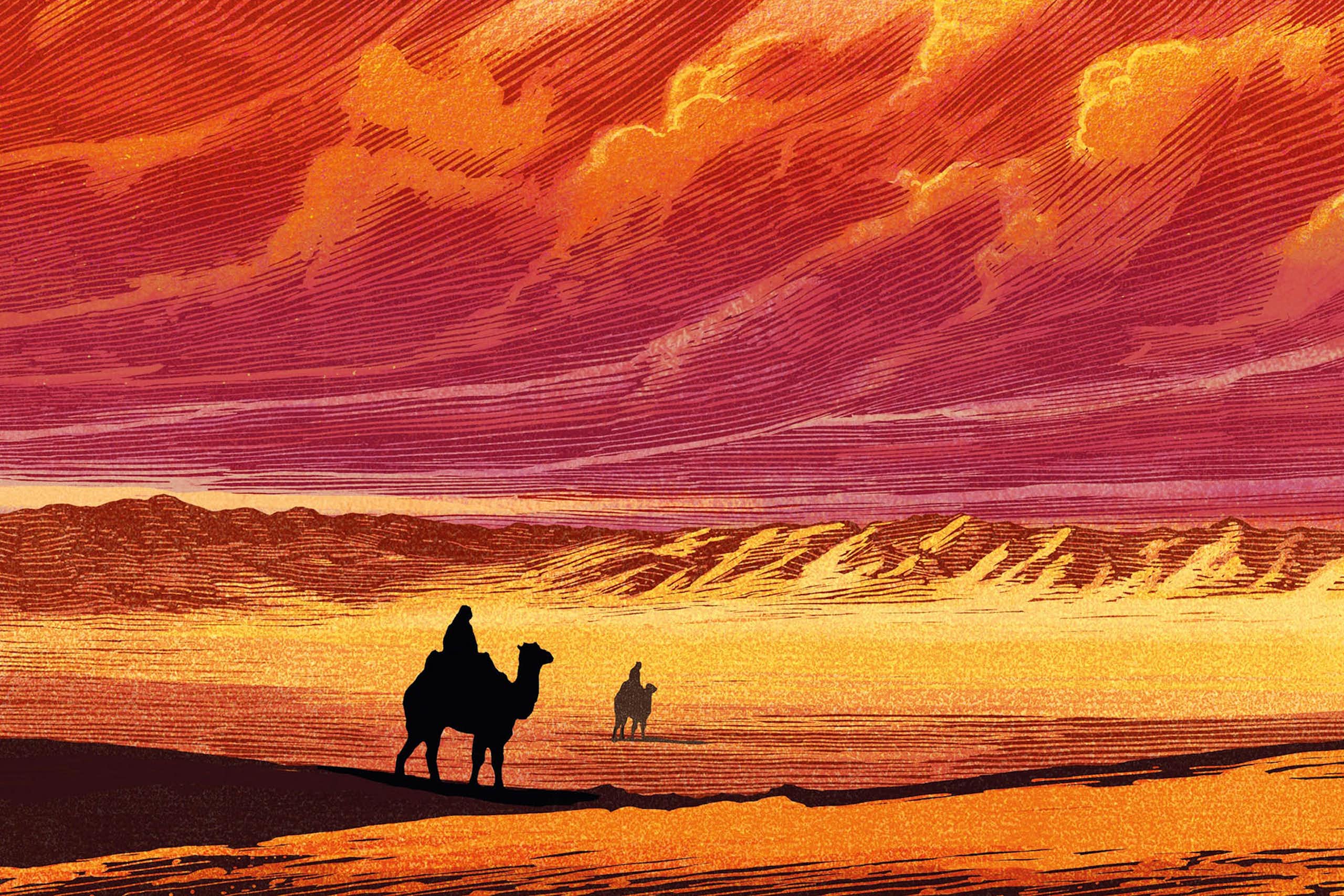 Illustration of a camel moving across a desert