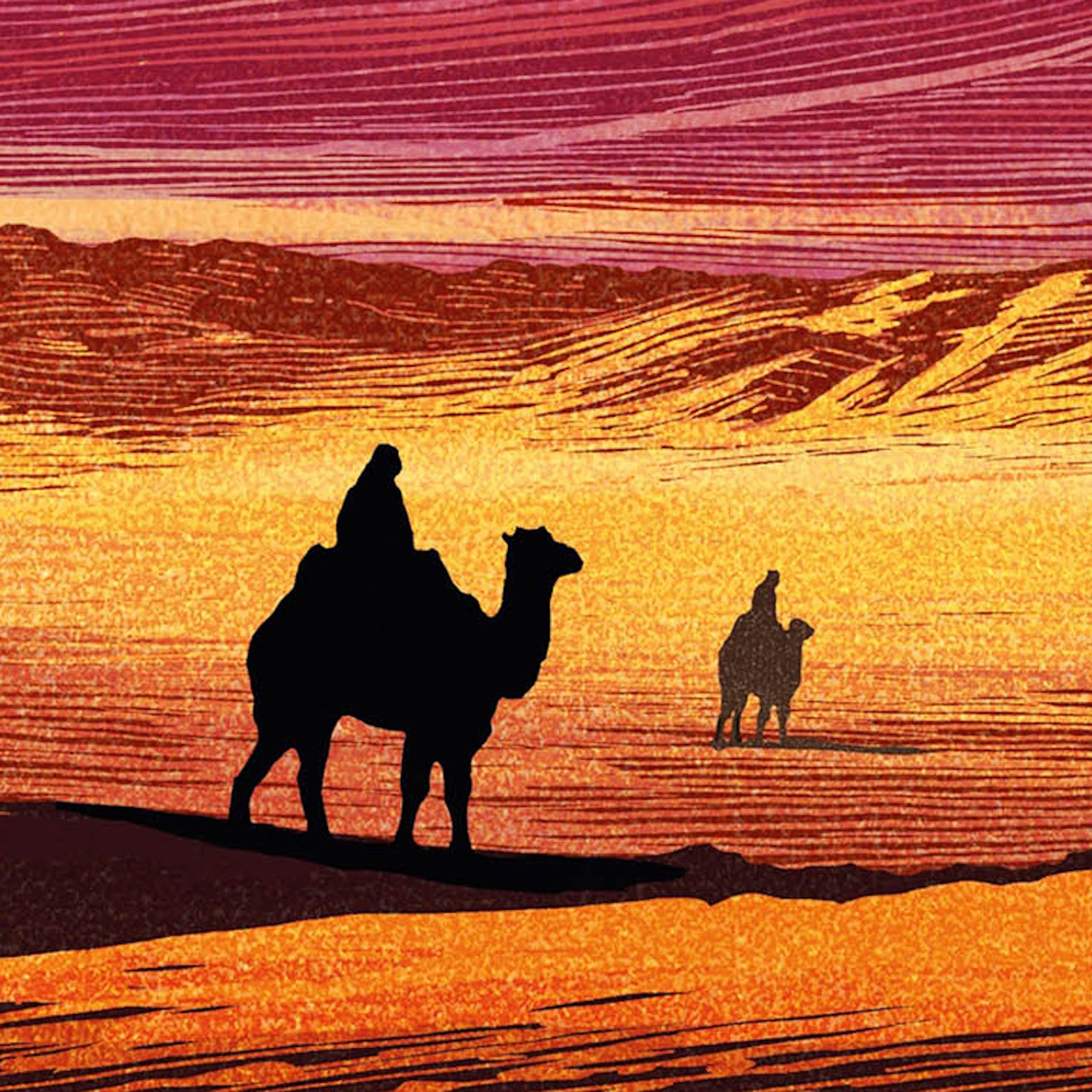 Illustration of a camel moving across a desert