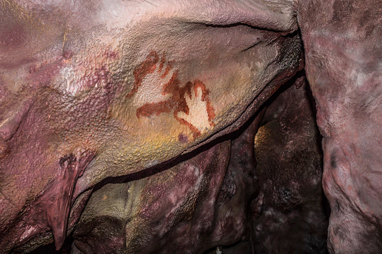 Neanderthal handprints in a replica of Maltravieso Cave, Spain.