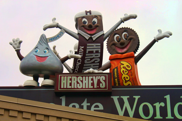 Colorful statues of iconic candy brands on roof of building