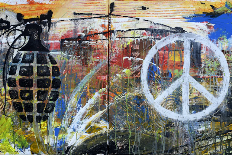 Acrylic painting of a grenade and a peace symbol against a colorful backdrop