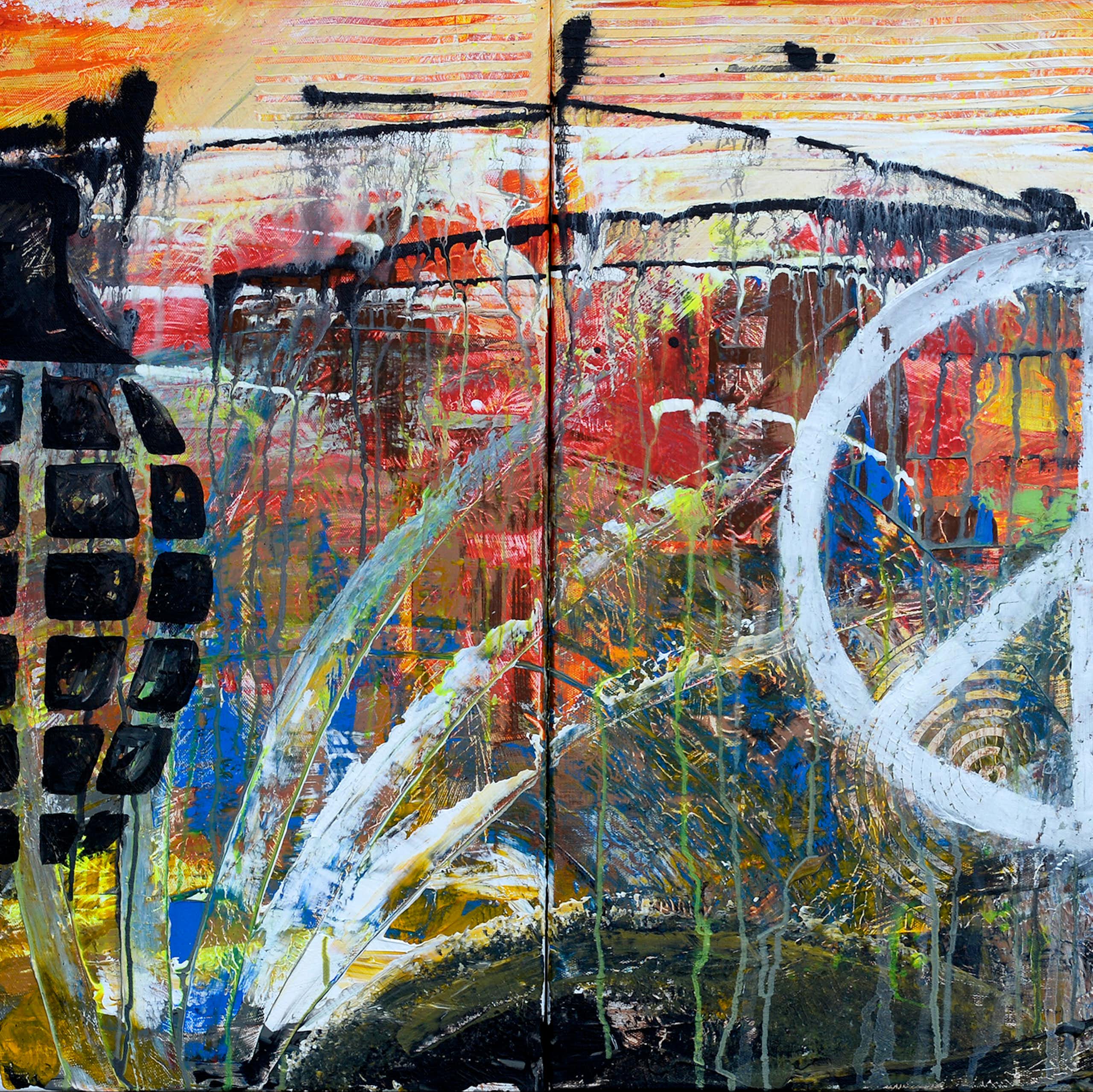 Acrylic painting of a grenade and a peace symbol against a colorful backdrop