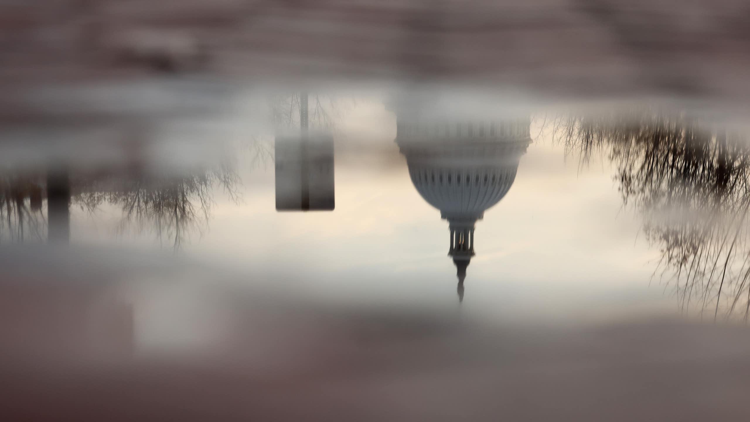 The U.S. Capitol is seen in the reflection of a puddle.
