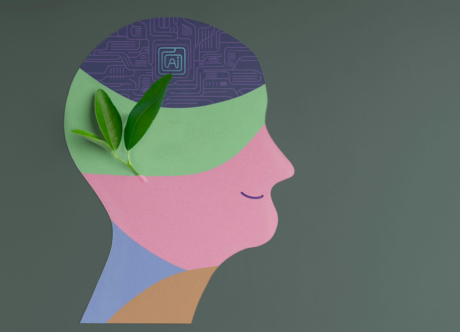 Ilustração de uma cabeça humanóide com um cérebro de IA e uma folha no interior para representar a consciência.