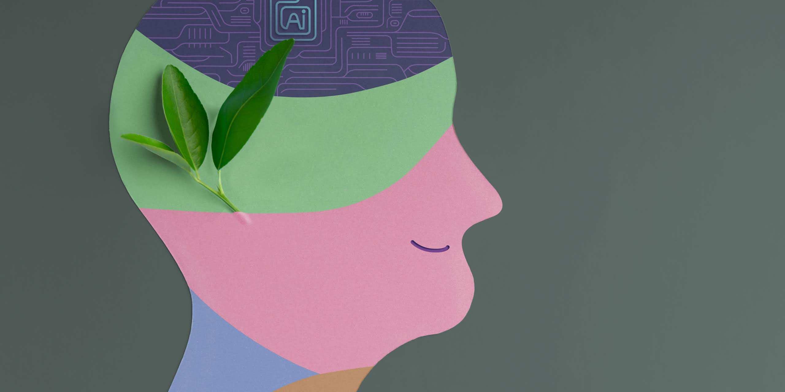 Ilustração de uma cabeça humanóide com um cérebro de IA e uma folha no interior para representar a consciência.