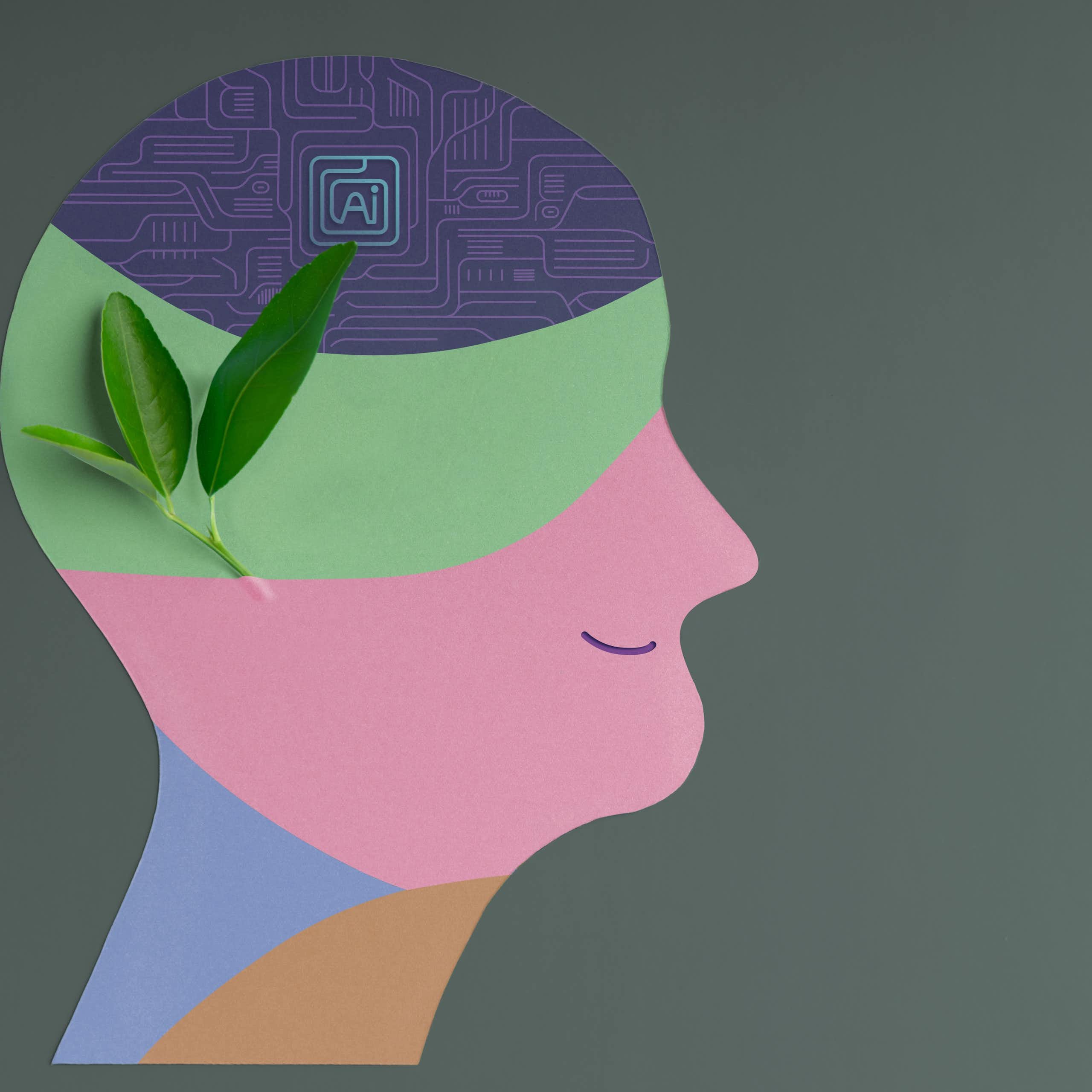 Ilustração de uma cabeça humanóide com um cérebro de IA e uma folha no interior para representar a consciência.