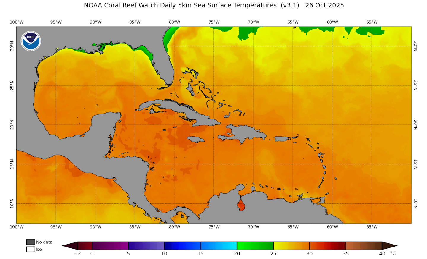 A map shows warm water temperatures south of Jamaica, where Hurricane Melissa passed through.