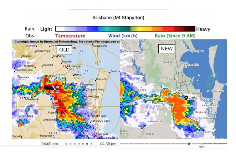 rain radar images, a storm passing over brisbane.