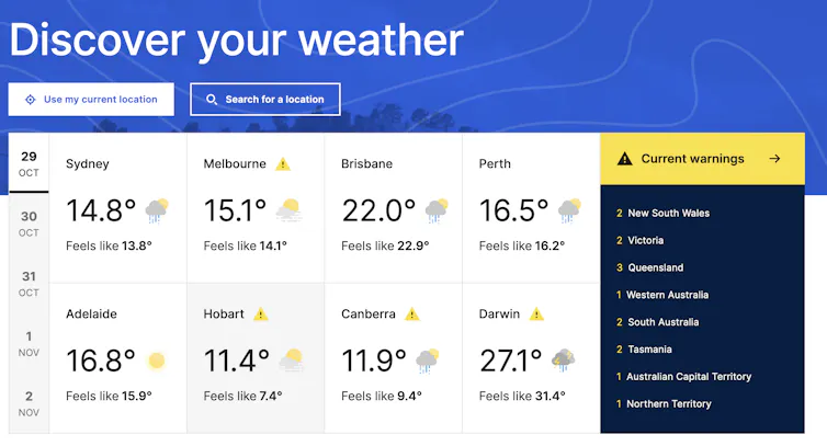 bureau of meteorology website screenshot.
