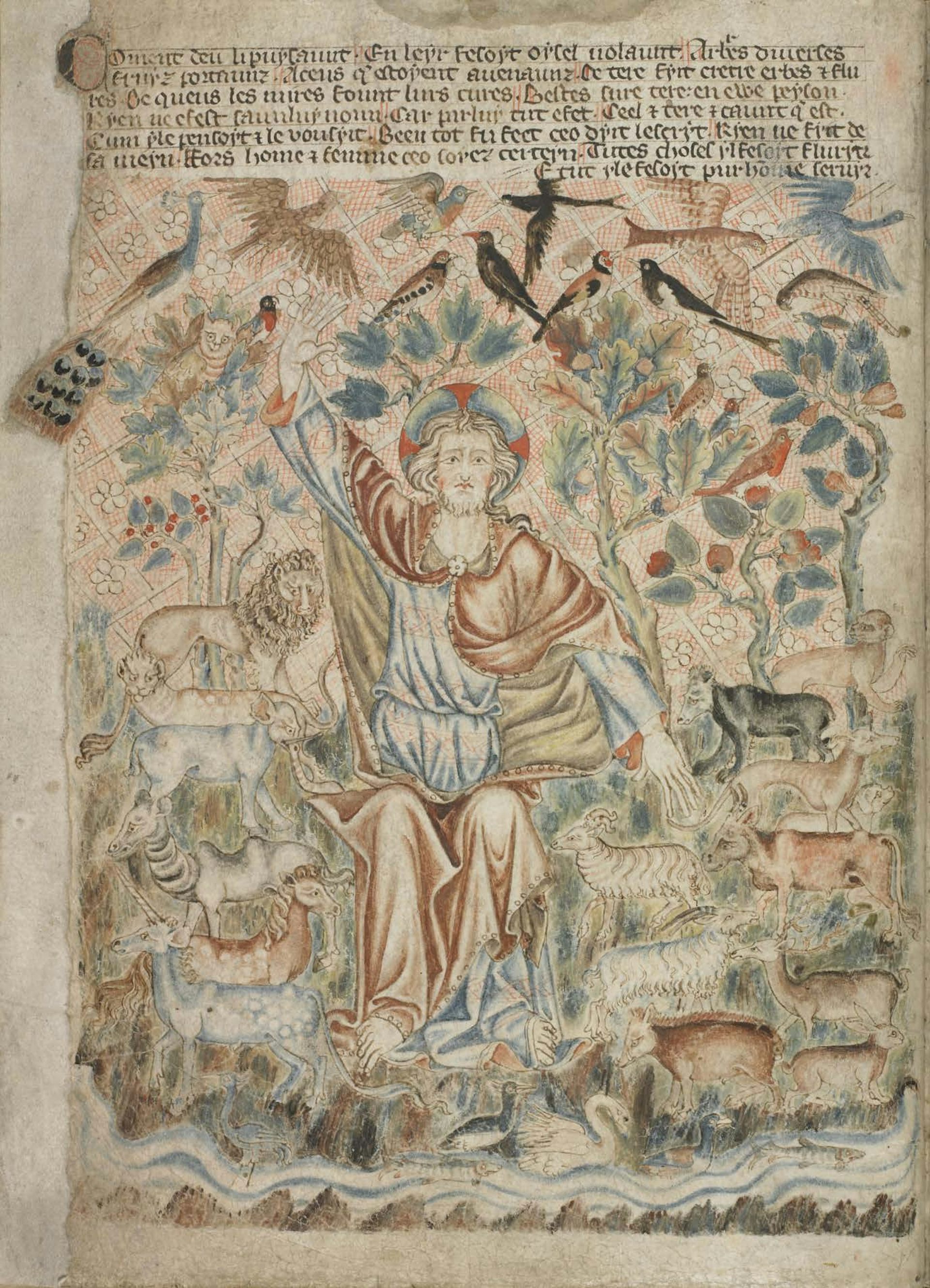 A medieval biblical illustration shows a robed figure sitting among many animals and birds, as well as various types of plants.