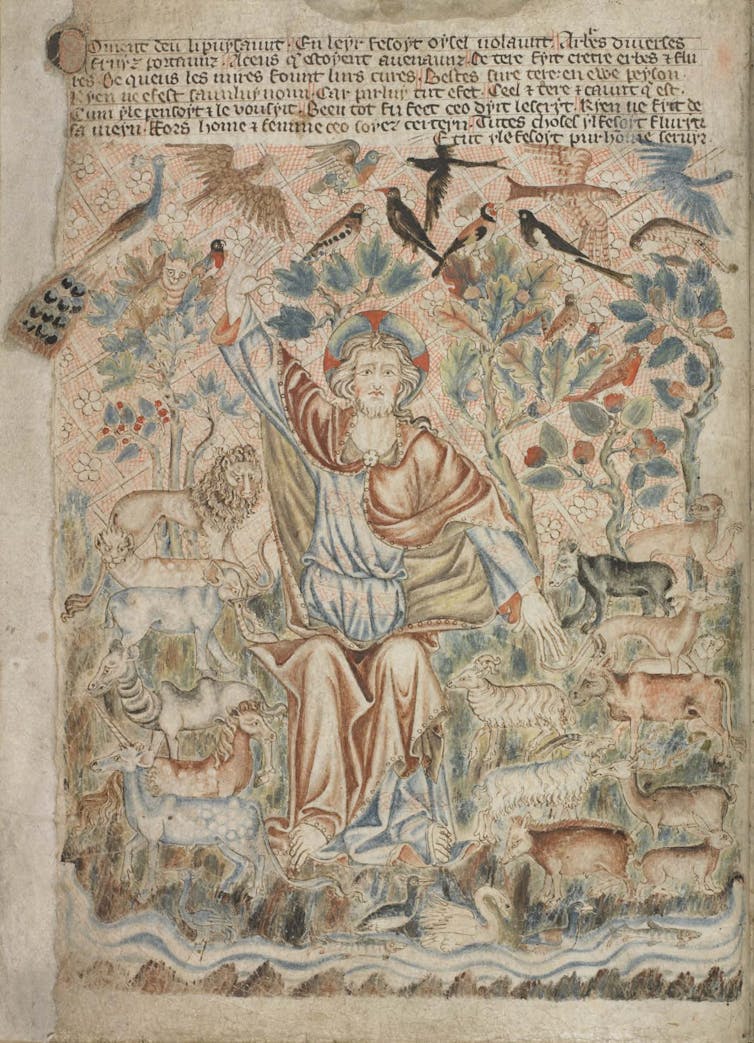 A medieval biblical illustration shows a robed figure sitting among many animals and birds, as well as various types of plants.