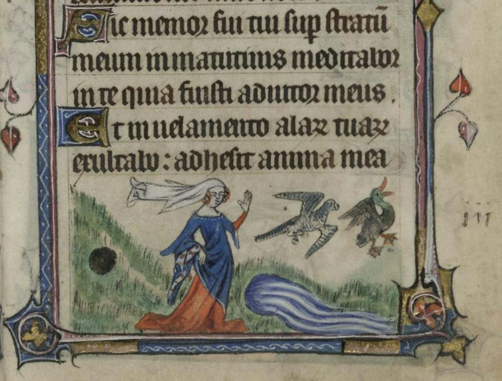 A medieval illustration shows a women in a dress raising her arms towards two birds, with text above.