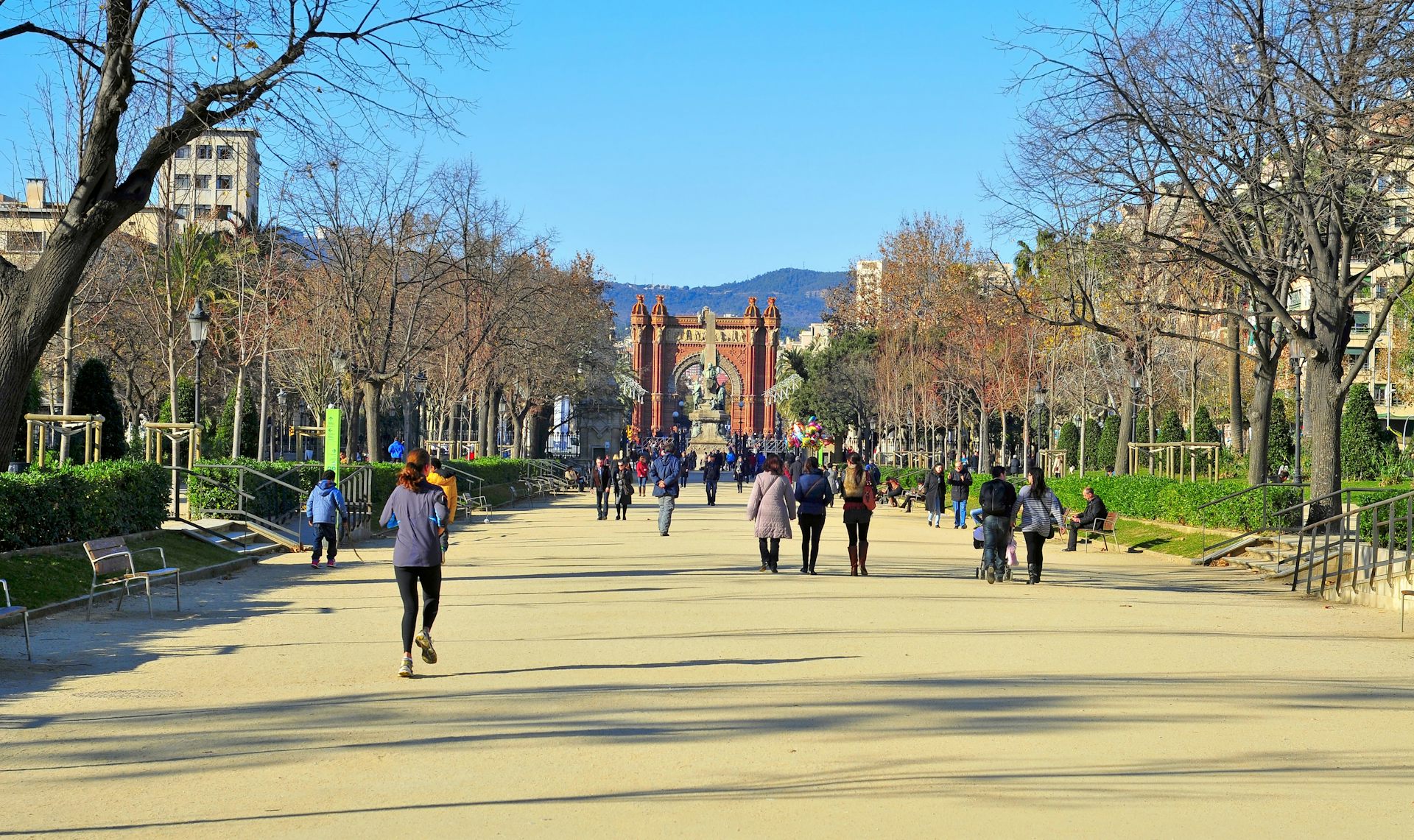 Personas caminando y corriendo por un camino de arena entre los árboles con edificios de una ciudad al fondo