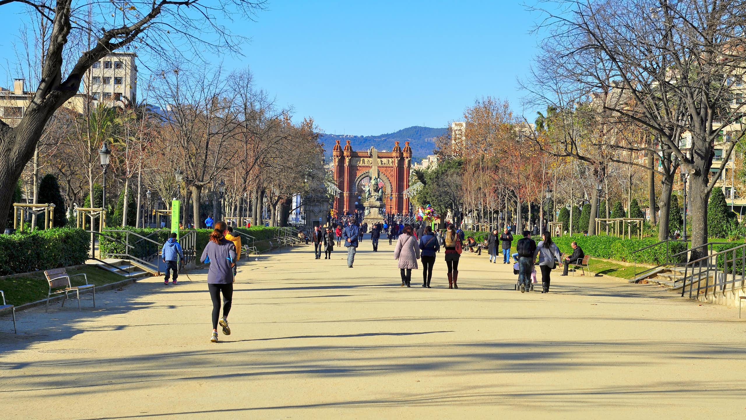 Personas caminando y corriendo por un camino de arena entre los árboles con edificios de una ciudad al fondo