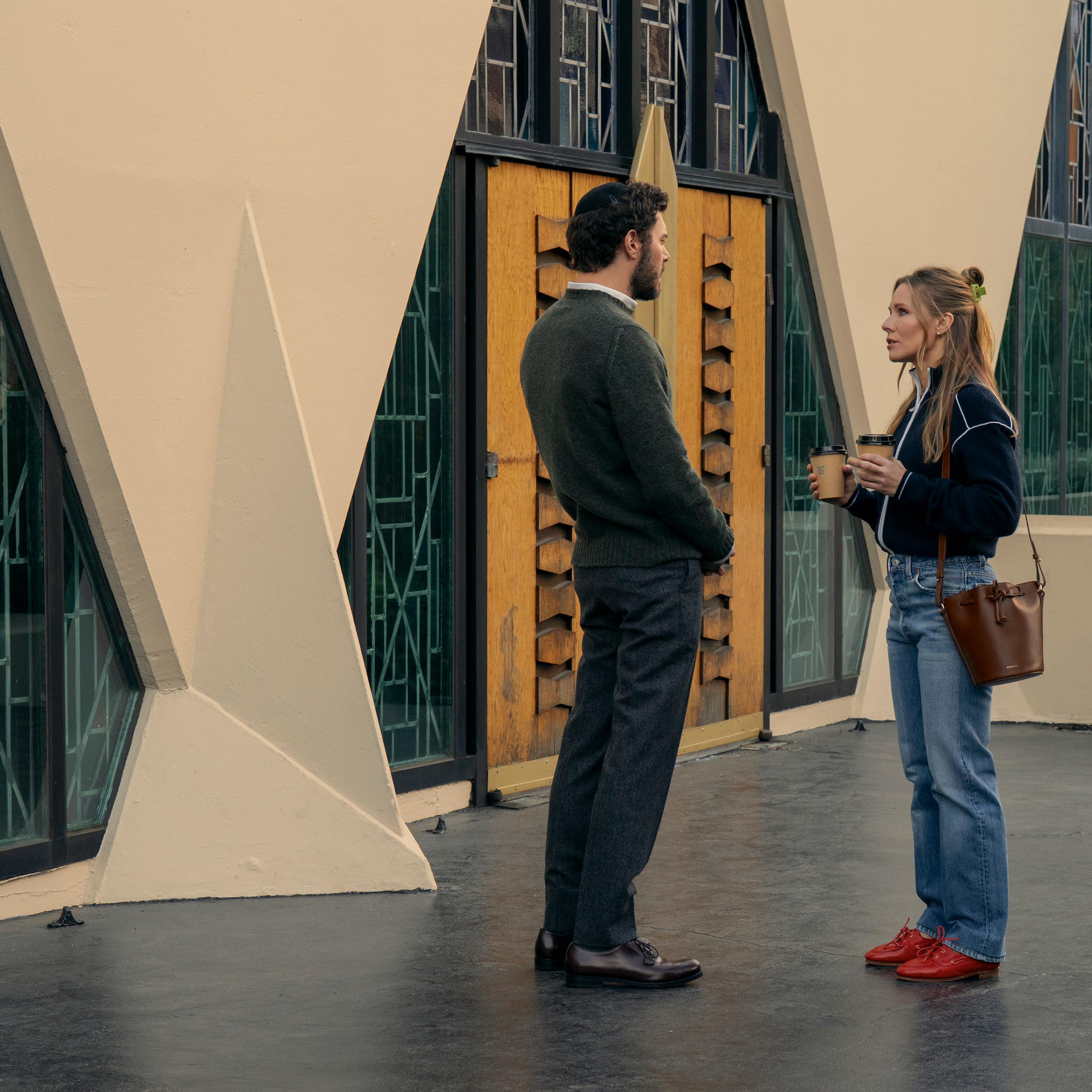 Joanne and Noah in front of his synagogue.