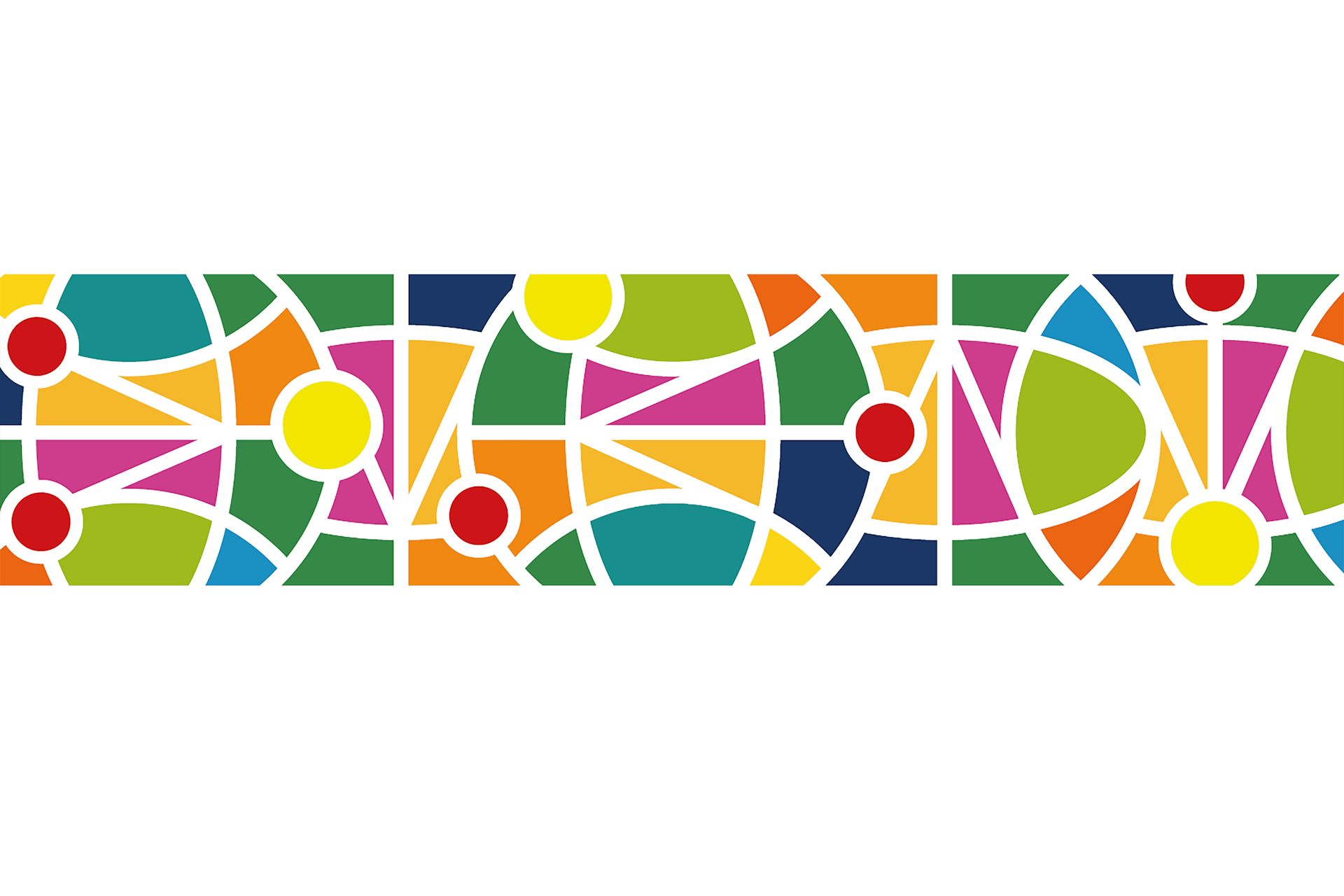 A colourful abstract pattern of varying shapes forming an image of earth in the centre.