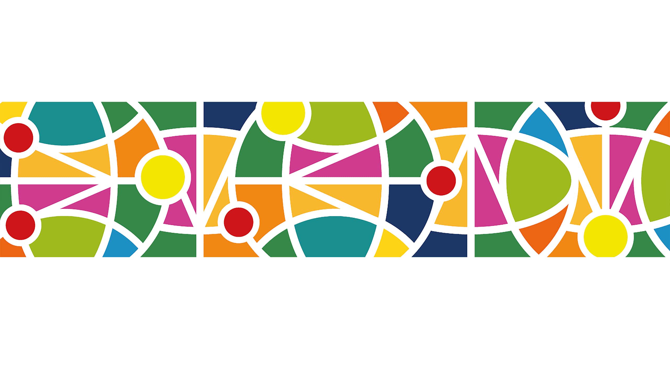 A colourful abstract pattern of varying shapes forming an image of earth in the centre.