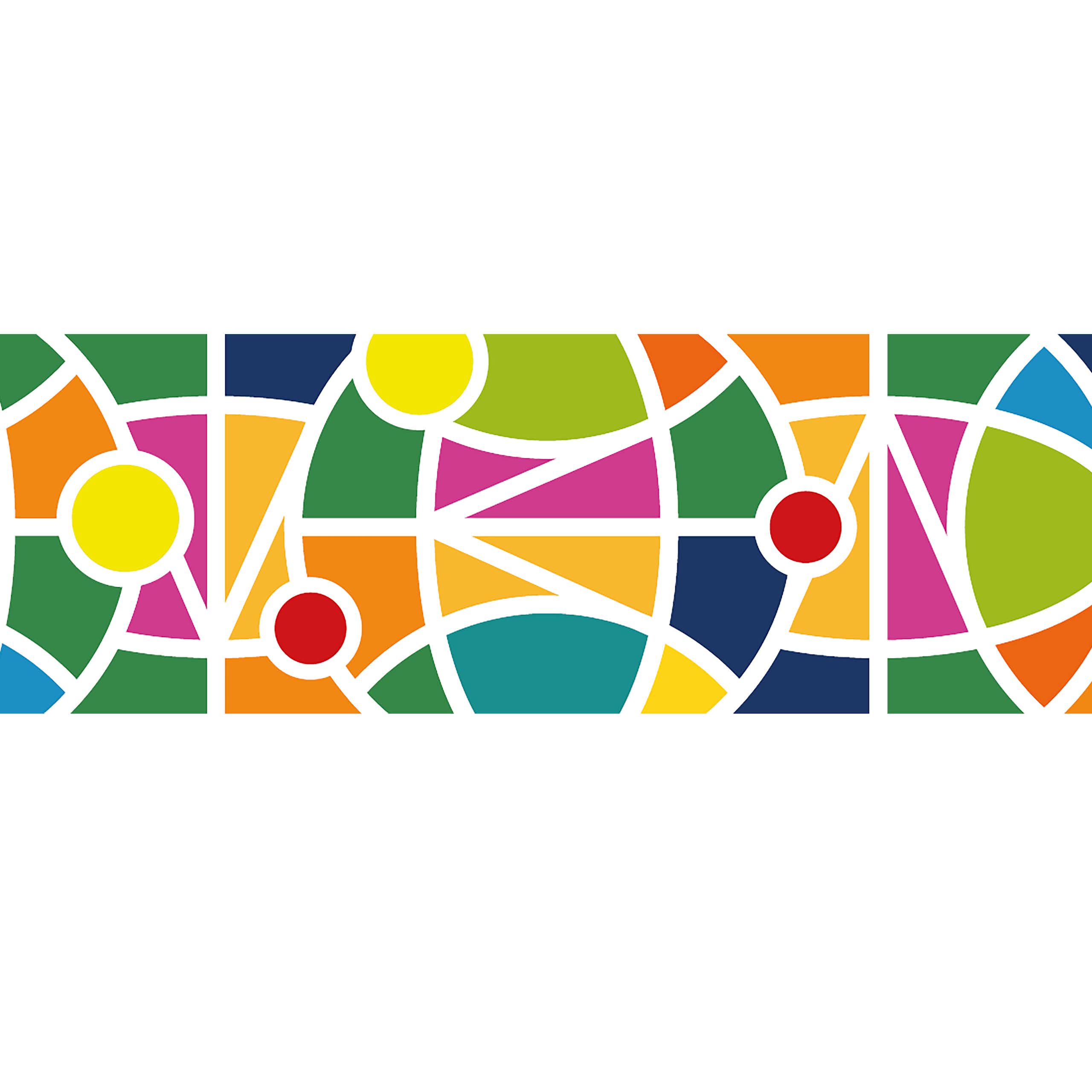 A colourful abstract pattern of varying shapes forming an image of earth in the centre.